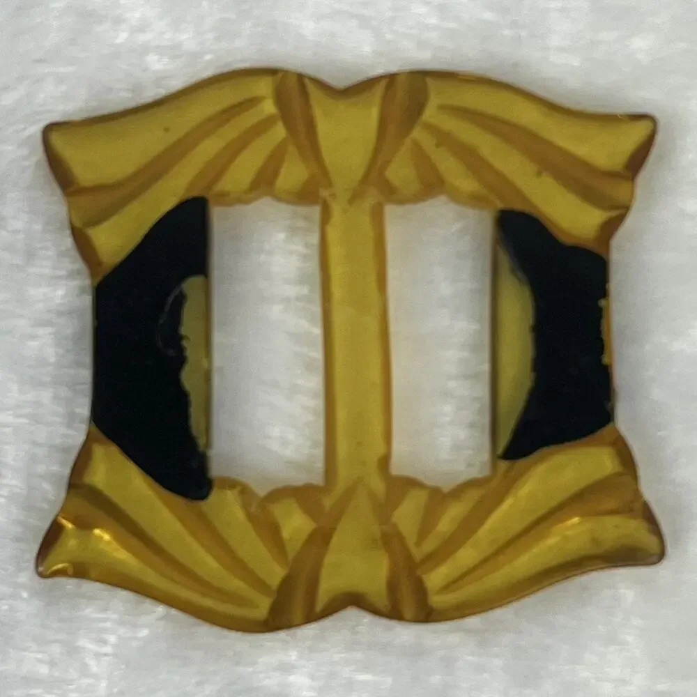 Vintage Carved Yellow Black Bakelite Fabric Belt Slide Buckle Art Deco Era